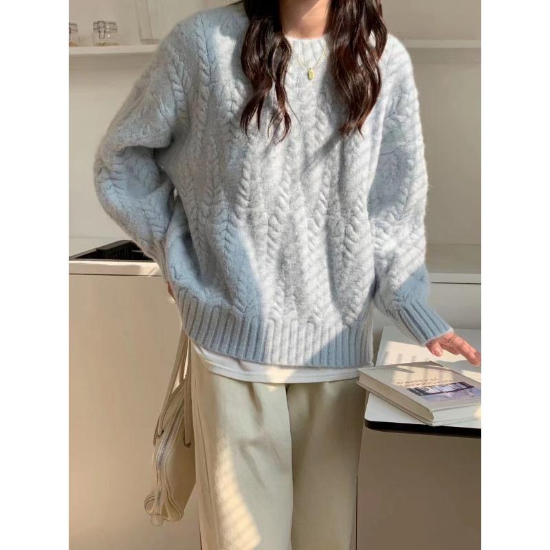 Autumn and Winter New Fashion Pink Gentle Soft Waxy Lazy Style High-end Pullover Knitted Sweater Twist Sweater Women