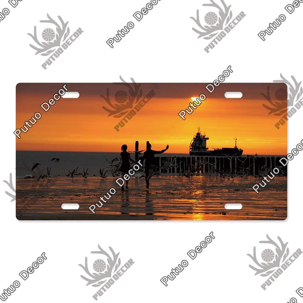 Putuo Decor Západ slunce SPZ Kovová cedule Plaketa Kovová Vintage Dekorace do obývacího pokoje Dveře Nástěnná dekorace k moři