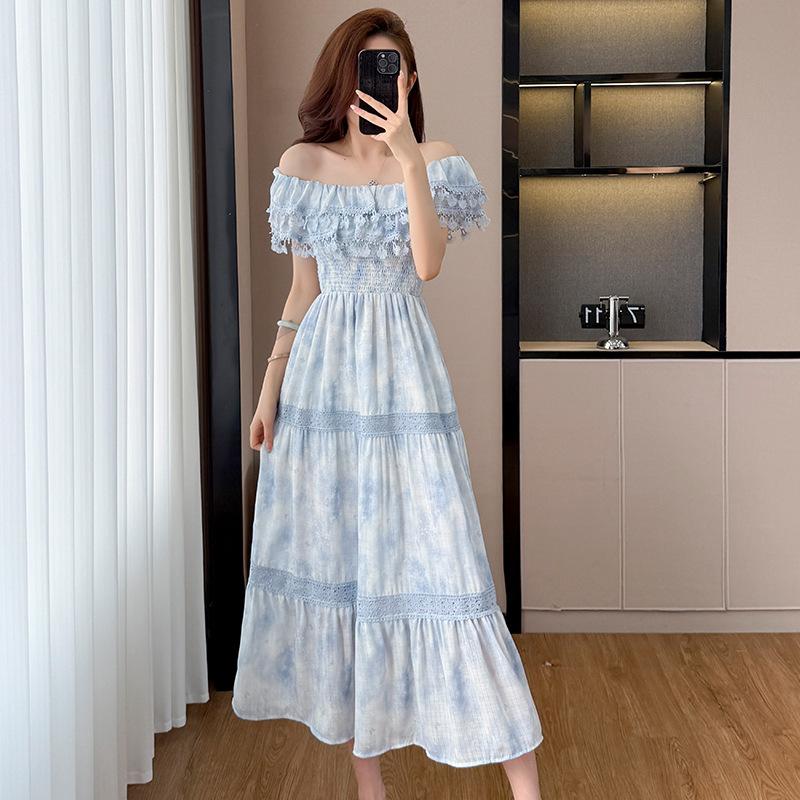 Blue long print waist dress women's summer French retro temperament high-end skirt