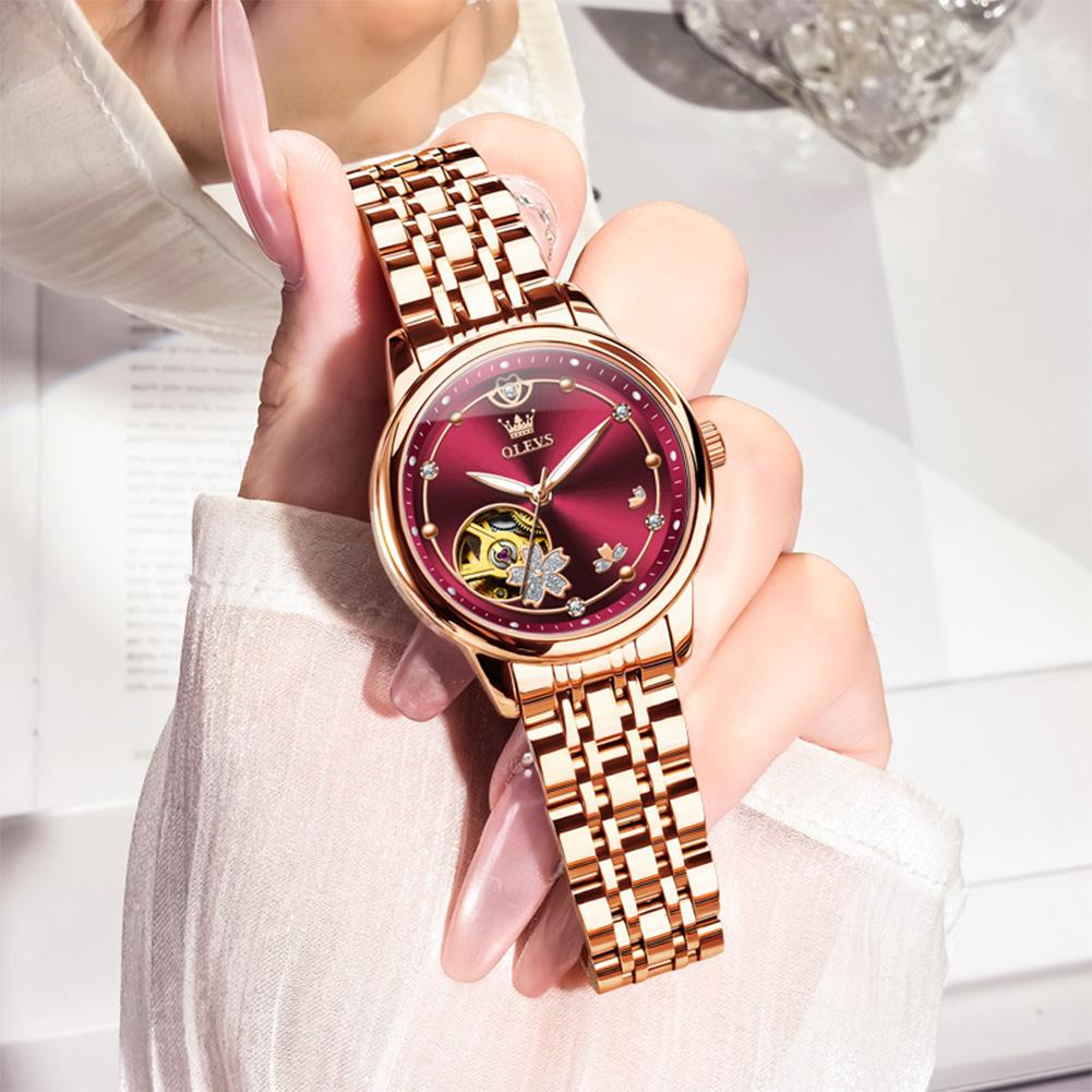 Rose Gold Wine Red Luxury Casual Ladies Wristwatch Waterproof Automatic Mechanical Woman Watch Elegant Fashion Women's Watches