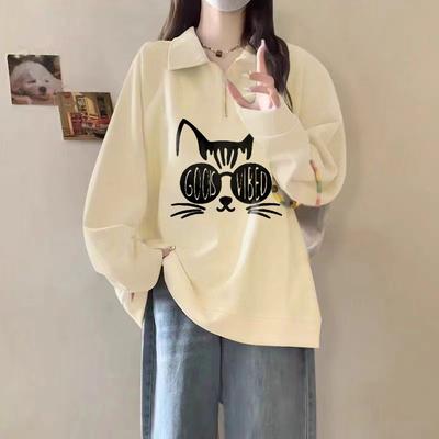 Spring Autumn Women's 2024 New Splice Polo Collar Zipper Printed Letter Fashion Solid Color Loose Casual Long Sleeve Sweatshirts