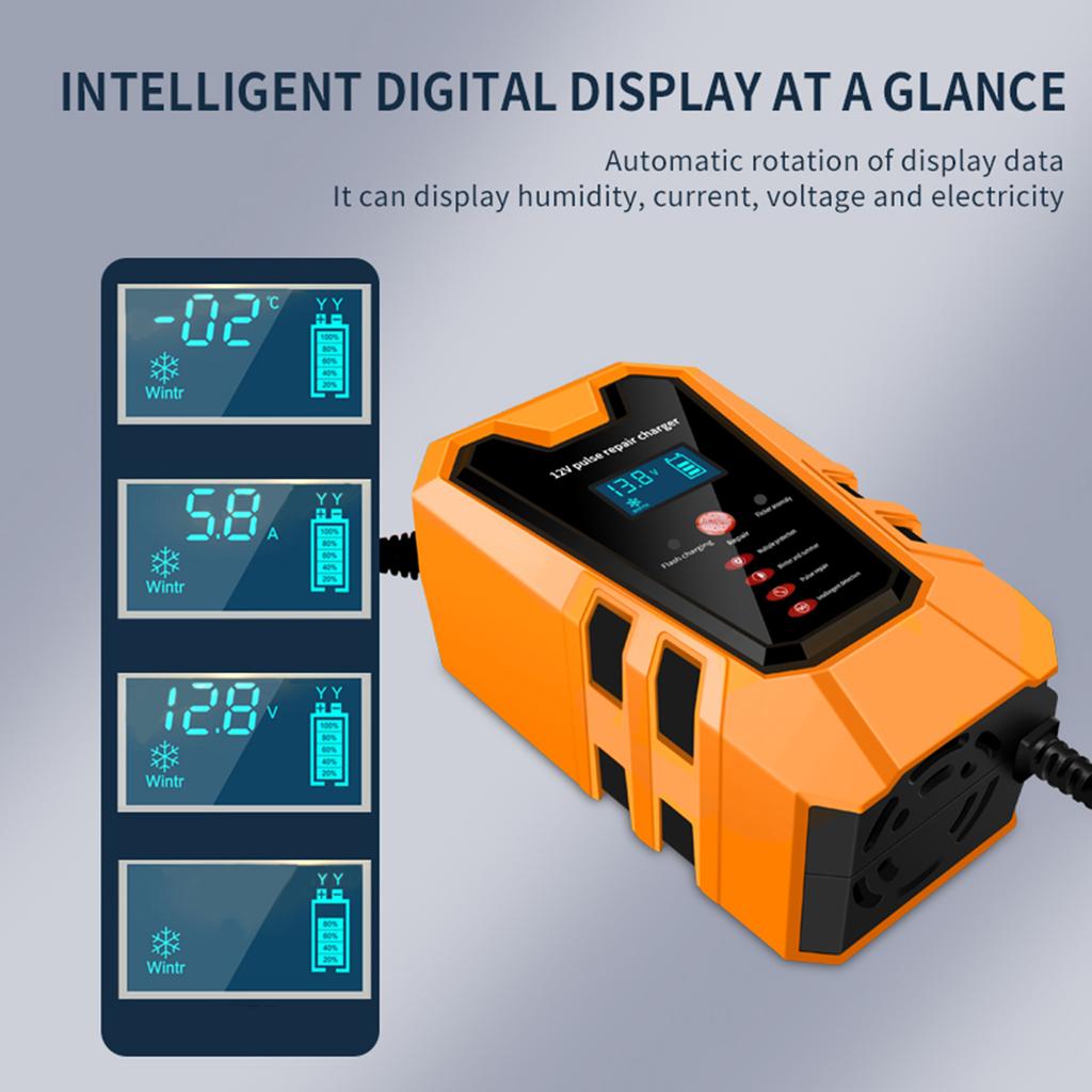Car Battery Charger 12V 6A Pluse Repair Charger with Intelligent Digital Display for Car Truck Motorcycle Lead Acid Batteries EU Plug