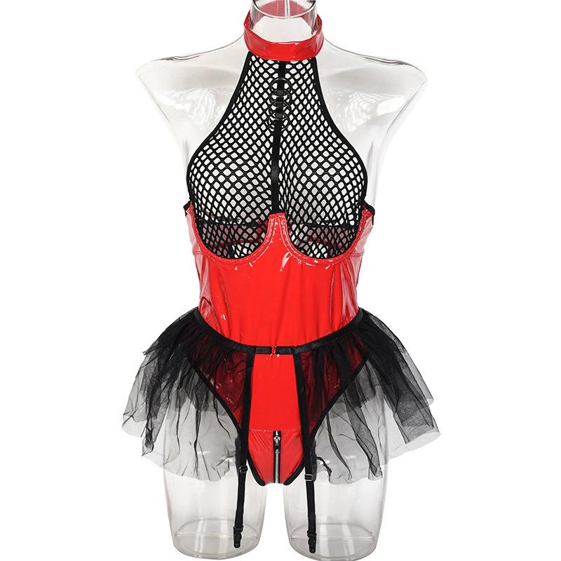 Mesh Hollow Out PU Latex Leather Open Crotch Bodysuit Women Sexy Lingerie Underwear Set Erotic See Through Costumes