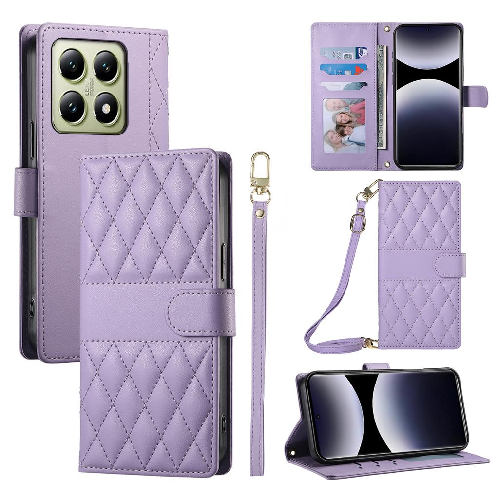 For Xiaomi 14T Case Rhombus Stitching Wallet Stand Leather Phone Cover with Long/Short Strap