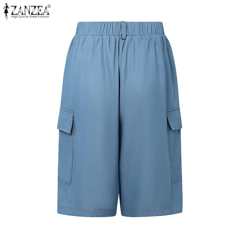 ZANZEA Women Casual Elastic Waist Solid Color Fifth Pants