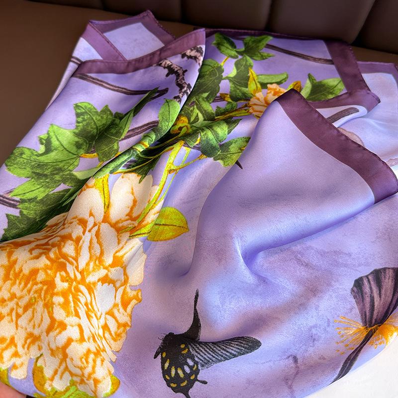 Purple Floral Print Silk Scarfs Women Men 70cm Square Scarves Female Hijab Soft Satin Neckerchief Casual Decorate Lady Neck Ties