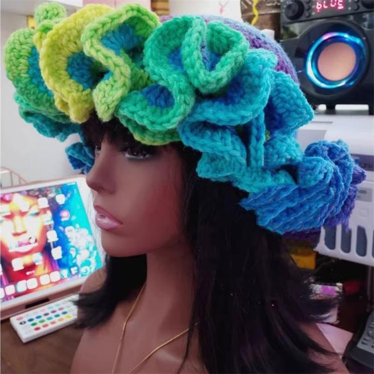 Handmade Knit Bucket Hat for Woman Weaving Ruffled Brim Bucket Hat Adult Teens Winter Cycling Fisherman Hat