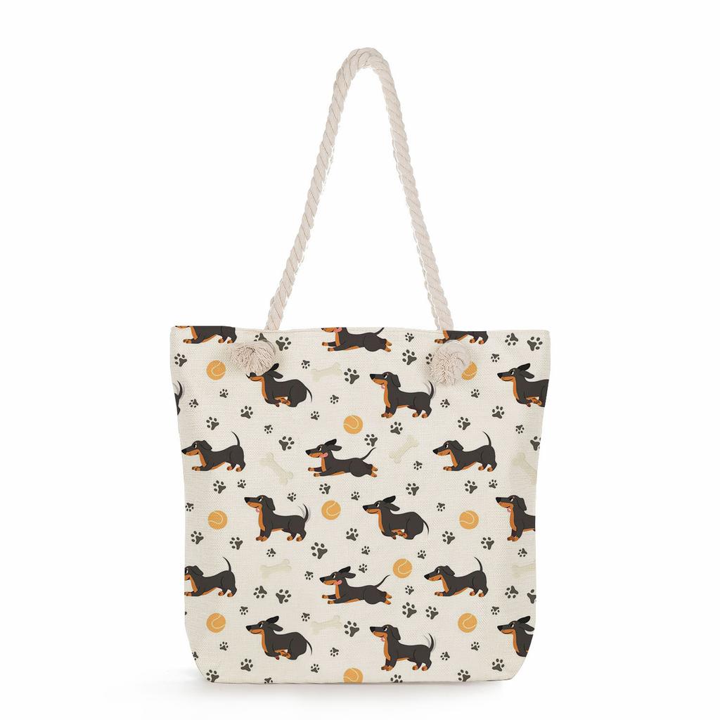 Sausage dog print thick rope single-shoulder beach bag 7274 CLE