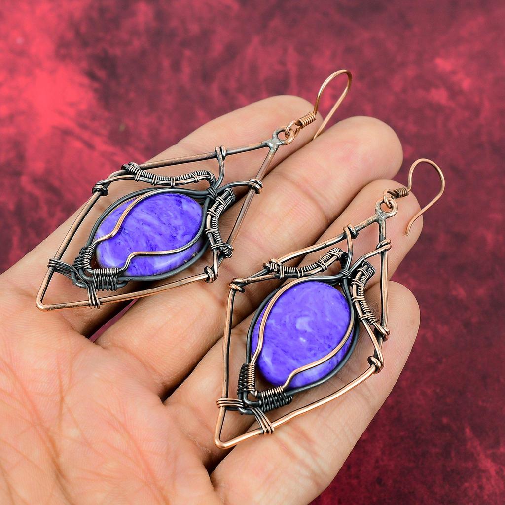 Charoite Earring Copper Wire Wrapped Earrings Handmade Drop Earring Copper Jewelry Gemstone Earring Anniversary Gifts Wire Wrapped Jewelry