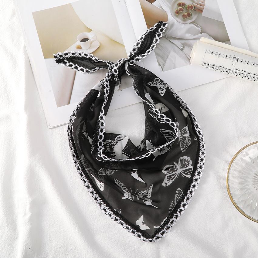 Fashion Butterfly Print Women's Turban Summer Lace Transparent Triangular Scarf Girl Silk Scarf Trendy Bandana Hair Accessories