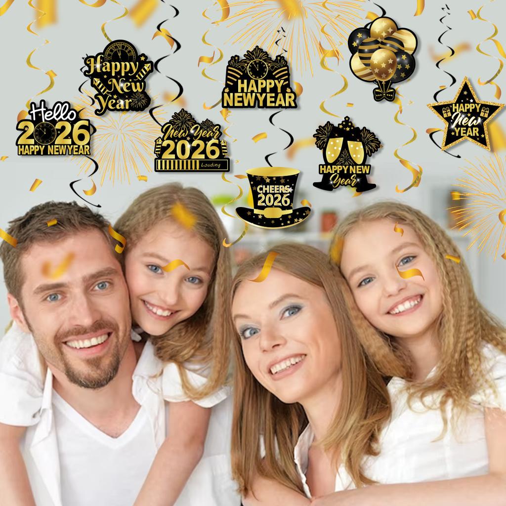 Black Gold Happy New Year 2026 Banner Decorations Hanging Bunting for Spiral Swirls New Year Party Ceiling Streamers Decorations