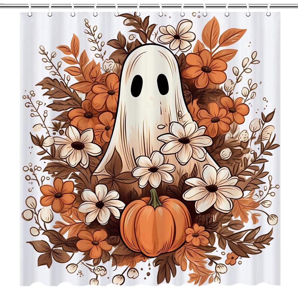 

Комплект занавесок для душа с цветочным принтом на Хэллоуин 71x71 дюйм, осенняя тыква, привидение, водонепроницаемая занавеска для душа с 12 крючками, аксессуары для ванной комнаты