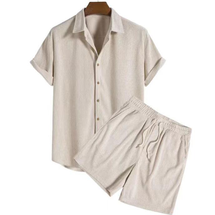 Completi Estivi da Uomo con Bottoni Casual Larghi Monocolore Outfit da Spiaggia Velluto a Coste Collo a Revers Manica Corta Set Due Pezzi per Uomo
