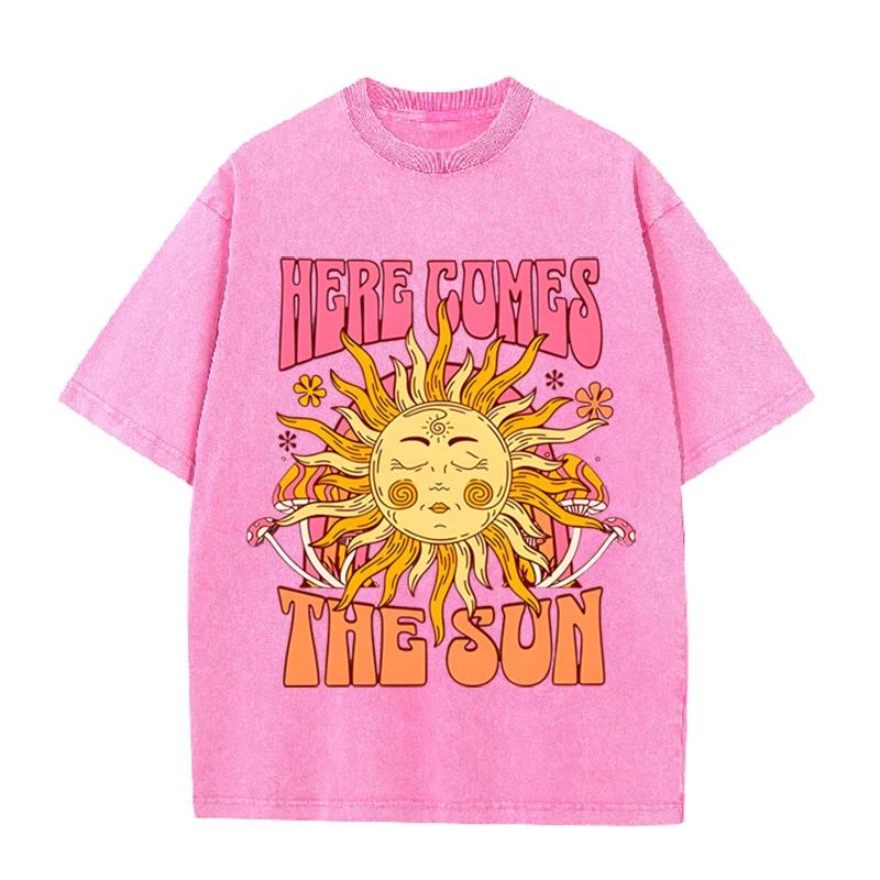 Vintage Black "Here Comes The Sun" T Shirt Retro Psychedelic Sun Acid Wash Tee