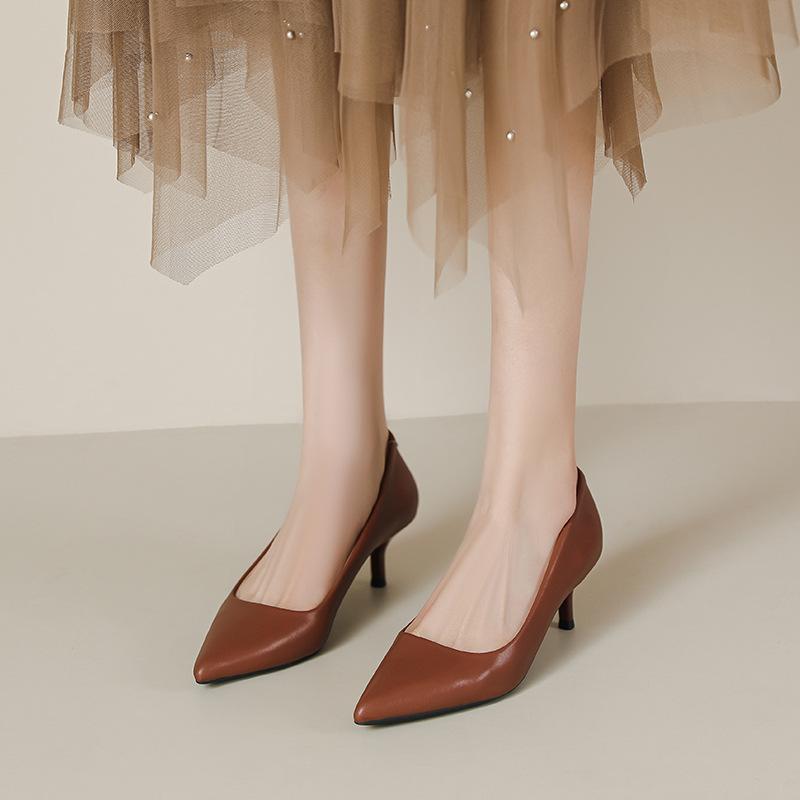 555-8 Nude high heels women's thin heels spring and summer French soft leather pointed temperament professional work shoes