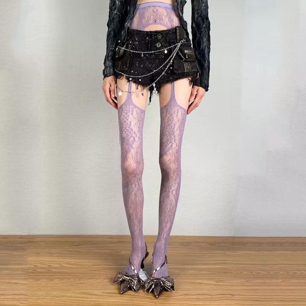 Retro Purple Jacquard Suspender Stockings - Sexy Irregular Ripped Y2K Pantyhose for Women