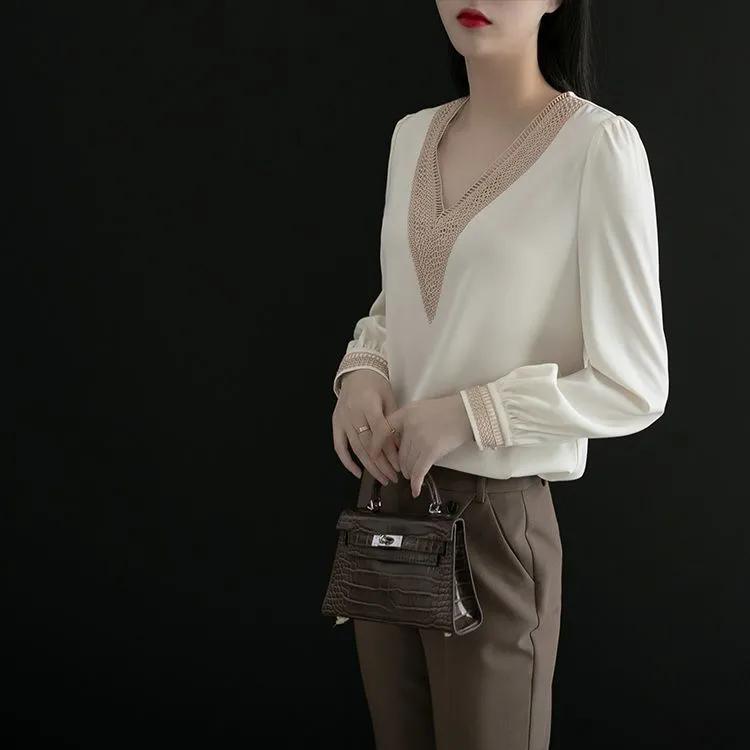 WTEMPO Solid Color Spring Autumn Women's V-neck Chiffon Shirts Long Sleeve Elegant Casual Versatile Bottom Tops