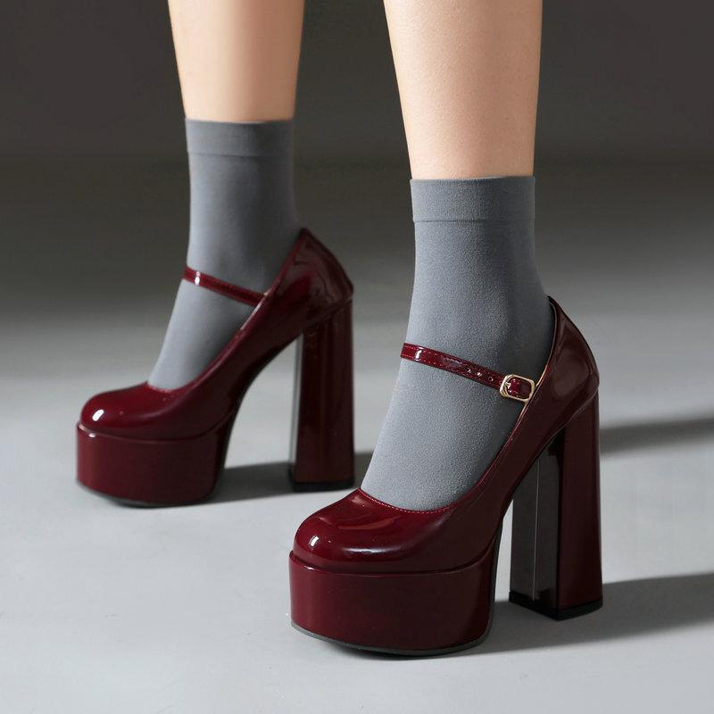 One-word women's high heels patent leather round head waterproof platform thick-soled thick heel super high heel Mary Jane women's single shoes high