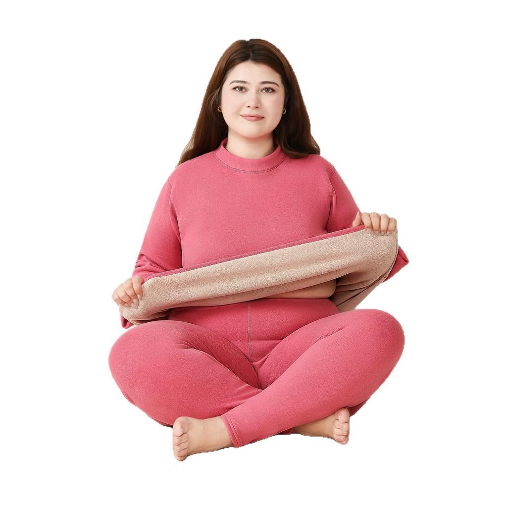 Unisex Plus Size Thermal Underwear Set with Thickened Velvet and Lambskin, Round Neck, for Autumn and Winter
