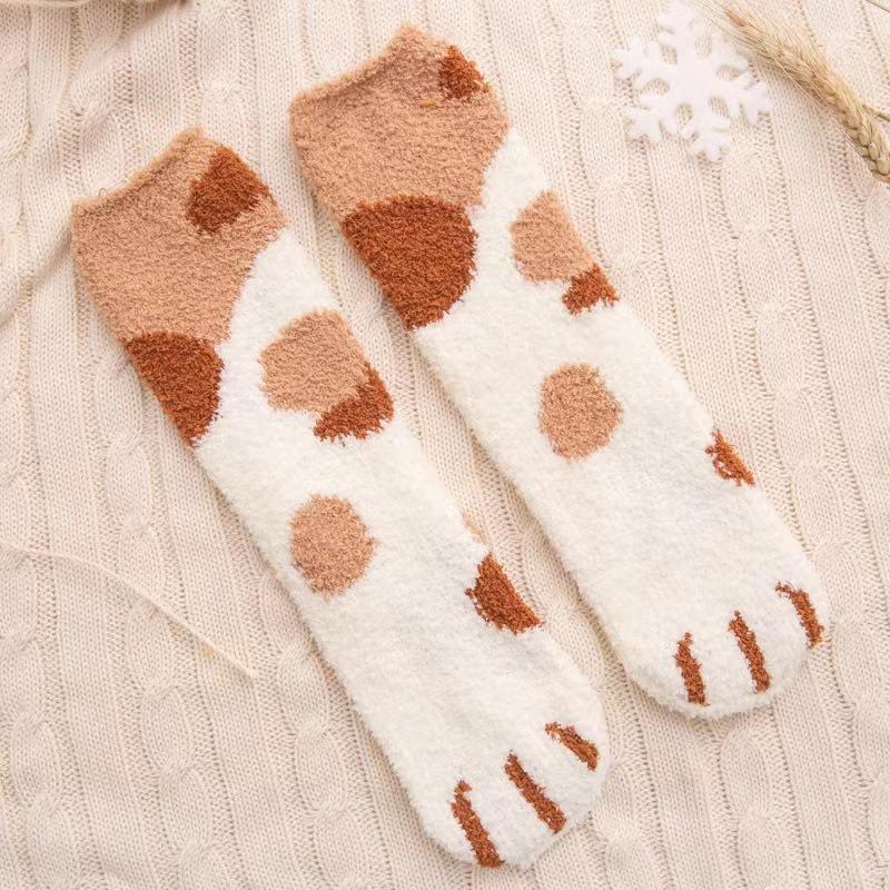 1-20Pairs Cute Cat Paw Floor Socks Coral Velvet Thickened Fleece Mid-calf Socks Warm Indoor Socks for Women Fall Winter Wear