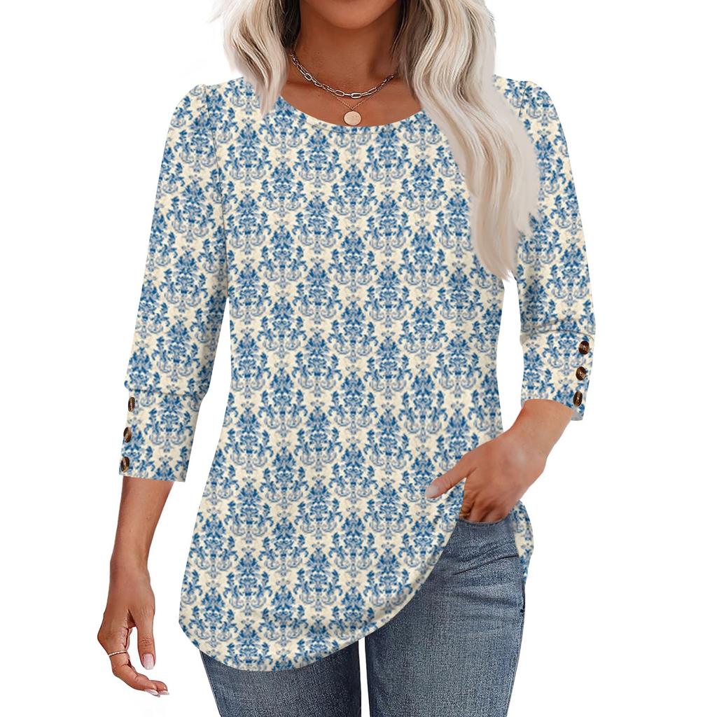 Womens Tops 3/4 Sleeve With Buttons Casual Blouses Summer Outfits Beach Vacation Clothes