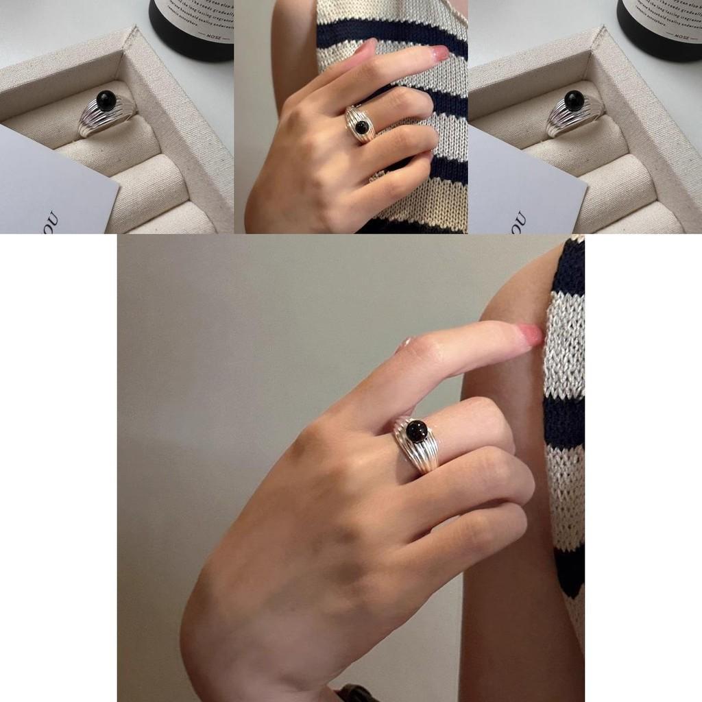 Stilvoller mehrschichtiger verstellbarer Ring mit schwarzem Onyx für Damen mit geometrischem Design und elegantem Finish