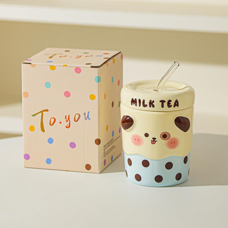 

Cute Mug Couple Straw Cup with Lid Cup Gift Box Ceramic Cup Souvenir Birthday Gift Girl Practical 301-400ml