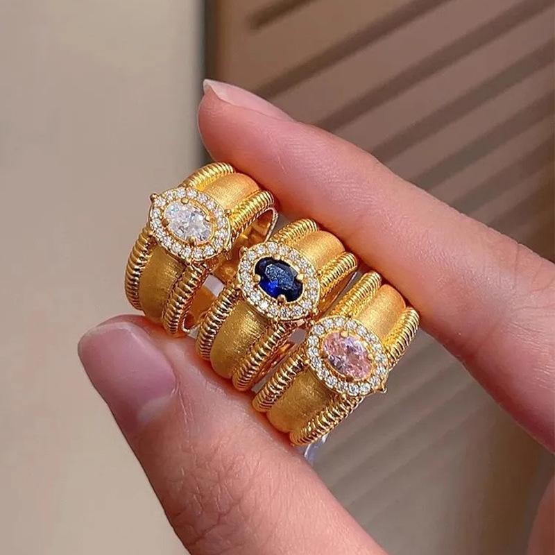 Retro oval brushed sapphire rings for women vintage Court style sparkling inlay diamond Pink wide ring wedding fine