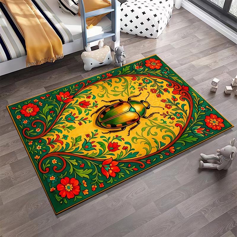 Colorful Beetle and Floral Pattern Carpet with Green and Red Motifs Suitable for use as an anti-slip for living room bedroom sofas