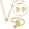 Oumeika Titanium Steel Jewelry Set: 26 Zircon-Inlaid Letters, PVD Gold-Plated Necklace, Bracelet, Earrings, and Ring.
