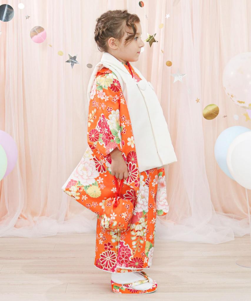 753 Kimono Set for Includes Hifu and Plain Hifu and Full Set Orange Blossom [KYOETSU] 3-Year-Old Girls, Cloth, Accessories, (10. Echo, 90-100cm)