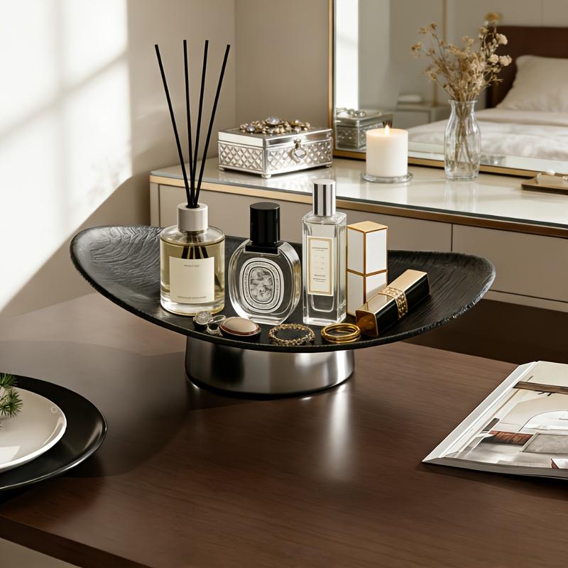 Modern minimalist storage tray with wood-grain finish—multifunctional desktop organizer, decorative tray—made of plastic