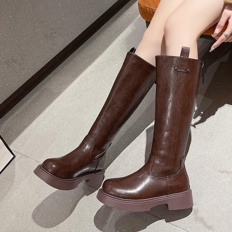 Soft leather boots autumn and winter new knight boots thin boots versatile medium boots women's thin cigarette boots