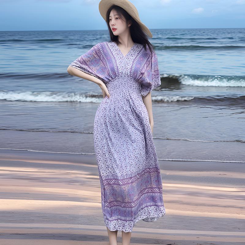 Dame Casual Blomstret V-halskjole Irregulær Tone Casual Rund hals Lang