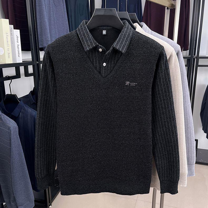 Mens Sweater Polo Collar Label Patchwork Stripes Plush Wool Liner Knitted Thickened Sweater Print Thermo Menswear