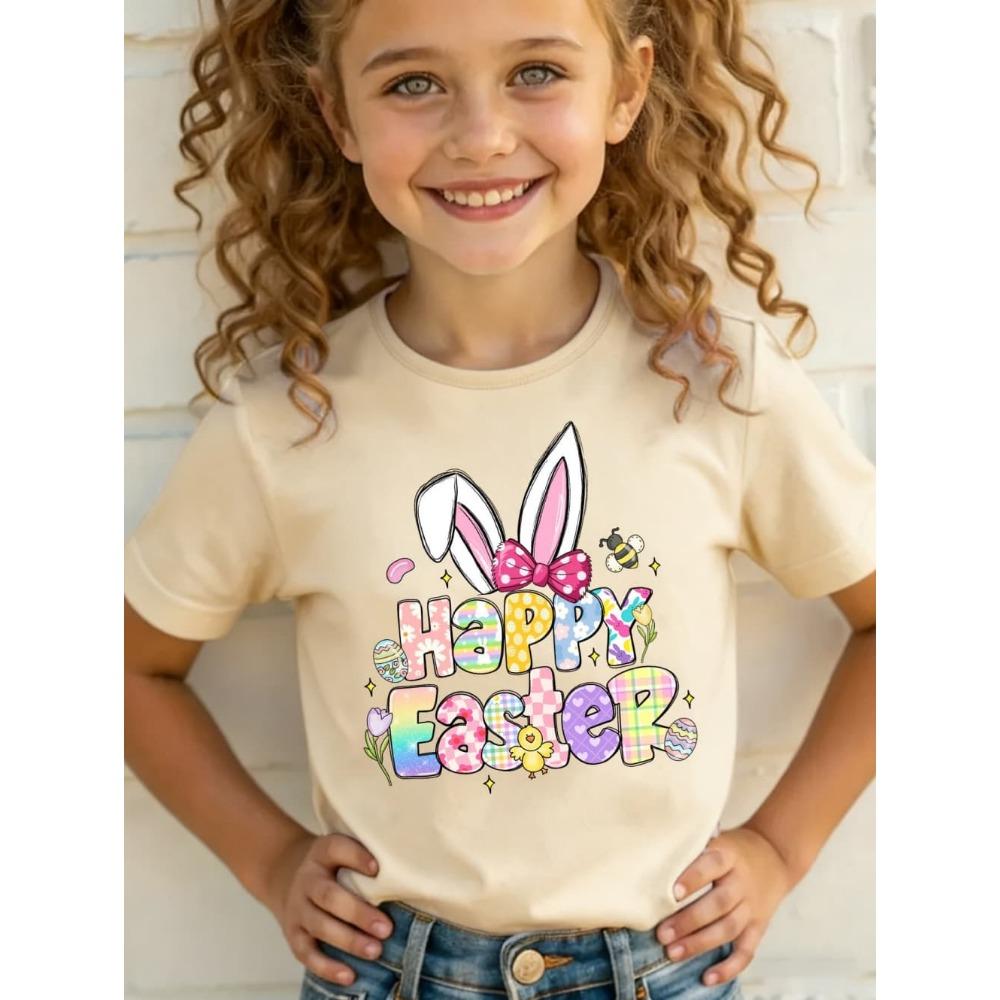 2026 Happy Easter T-Shirt for Girls Bunny Cute Rabbit Ear Letter Graphic Summer Tee Boys Girls Short Sleeve Children's Clothing