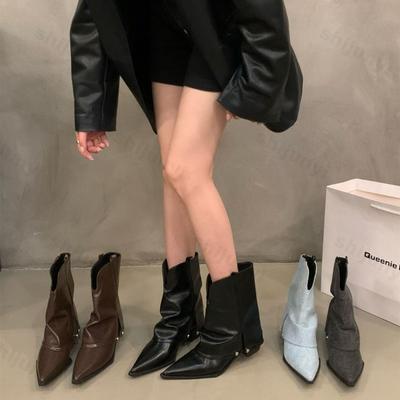 Women's Ankle Boots Chunky Heel Pointed Toe Short Boots 2026 New Spring Autumn Brown Cowboy Boots Woman Ladies Shoes Botas Mujer