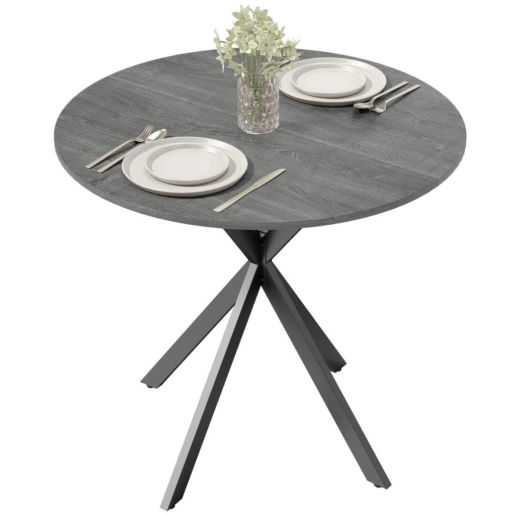 Round Dining Table for 2 People with Wood-Look Top and Crossed Steel Base, Gray
