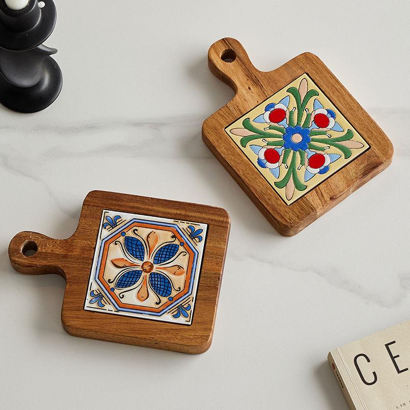 Wood and Ceramic Cutting Board Colorful Tile Trivet Mediterranean Appetizer Board Handmade Kitchen Decor