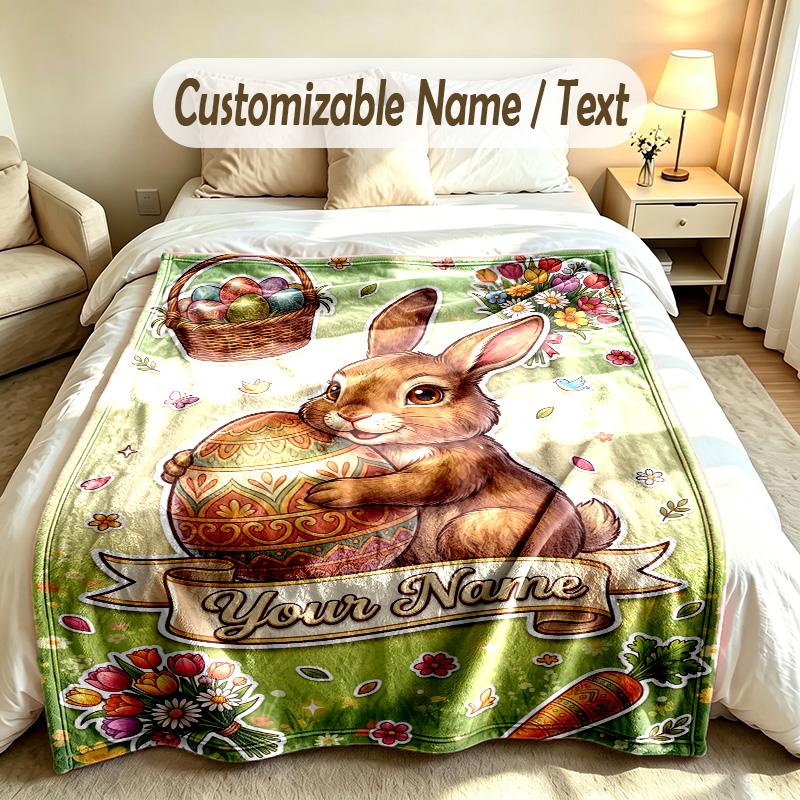 Coperta Morbida Tema Coniglietto Pasquale Personalizzata Stampa Testo Nome Personalizzato Coperta Calda Decorazione Divano Casa Camera da Letto