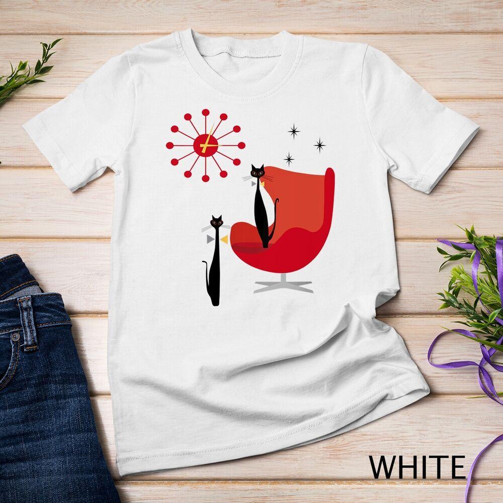 

Womens Mid Century Modern Cool Cats With Red Chair and Sunburst Unisex T-shirt 4XL