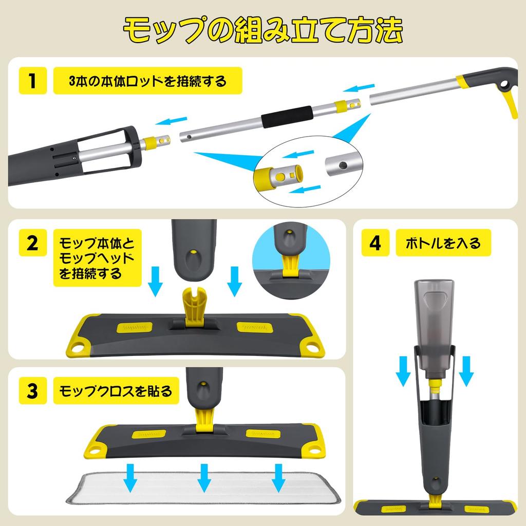 Donext Spray 780ml Large Capacity 2 Replacement Pads Mop, Wet/Dry Mop, Bottle, Aluminum, Lightweight, One-Hand Operation,