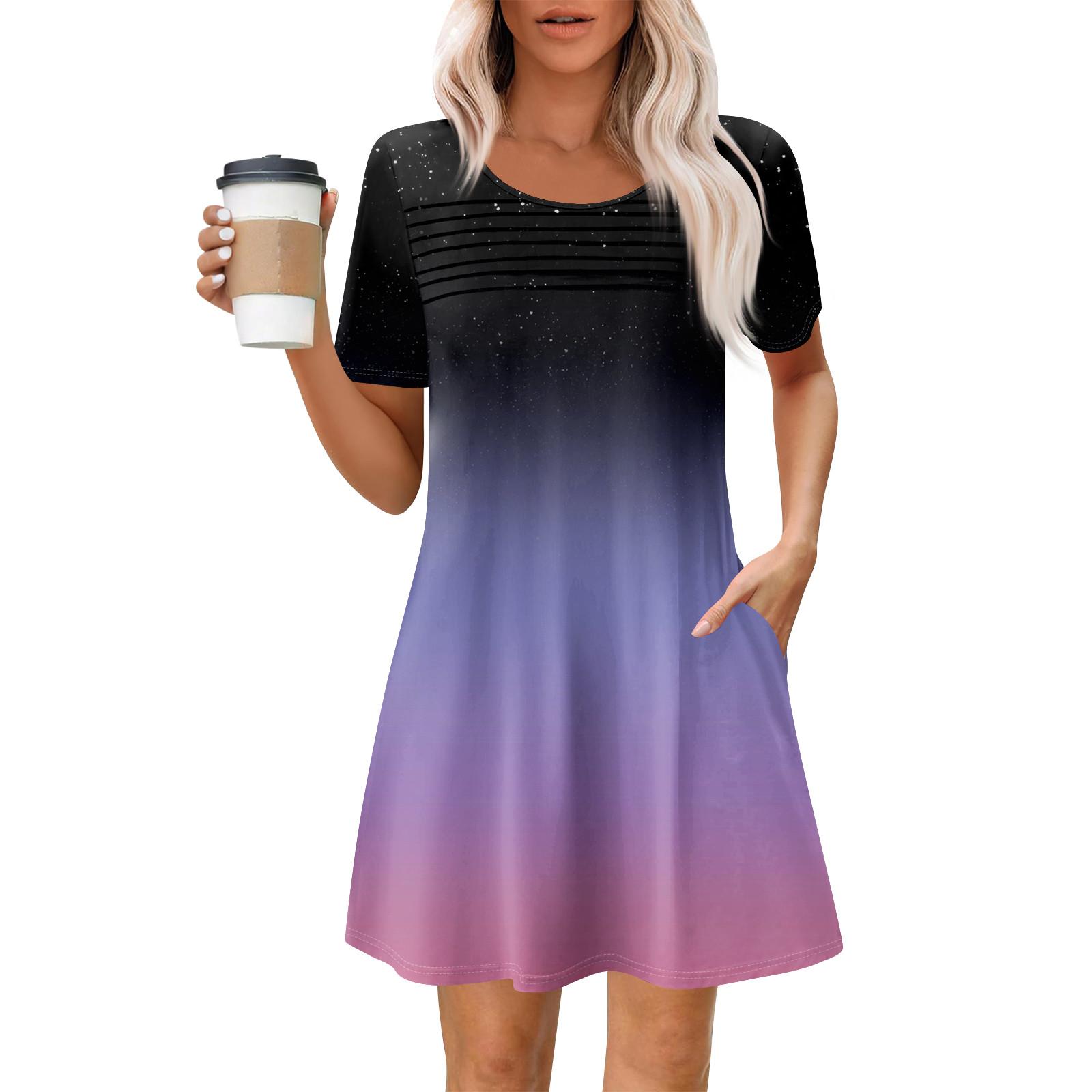 

Женские летние повседневные платья с круглым вырезом, плиссированные, с карманами, с принтом, с коротким рукавом L фиолетовый