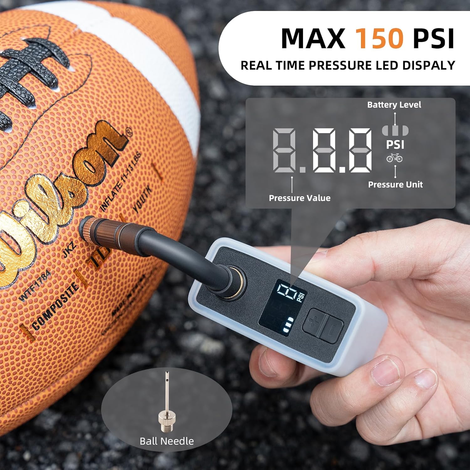 

Portable Electric Bike Pump 150PSI with Digital Gauge, Rechargeable 500mAh, Presta/Schrader, for Mountain & Road Bikes, E-Bike United States