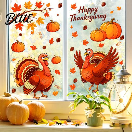 Festival Atmosphere Layout Supplies Thanksgiving Static Window Clings Cartoon Double Turkey Pumpkin Maple Leaf No‑Glue Seasonal Home Party