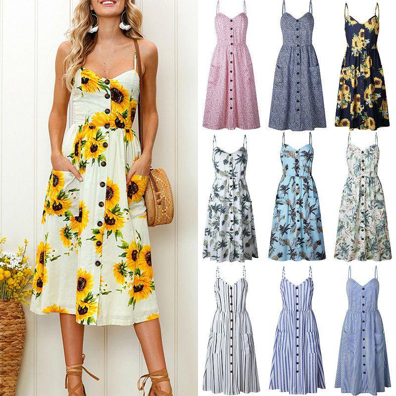 Stylish Boho Women's Summer Beach Midi Dress With Strappy Design And Button Pockets