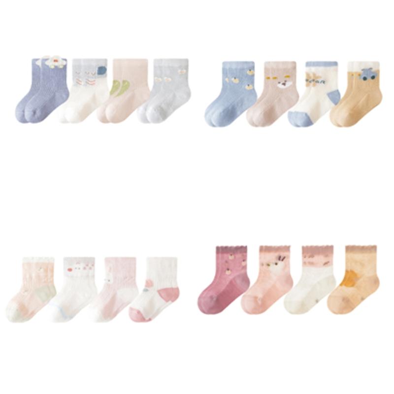 Pack of 4 Pair Breathable Cotton Baby Socks for 0-5 Years Nonslip Design Calf Length Socks for Sensitive Skin
