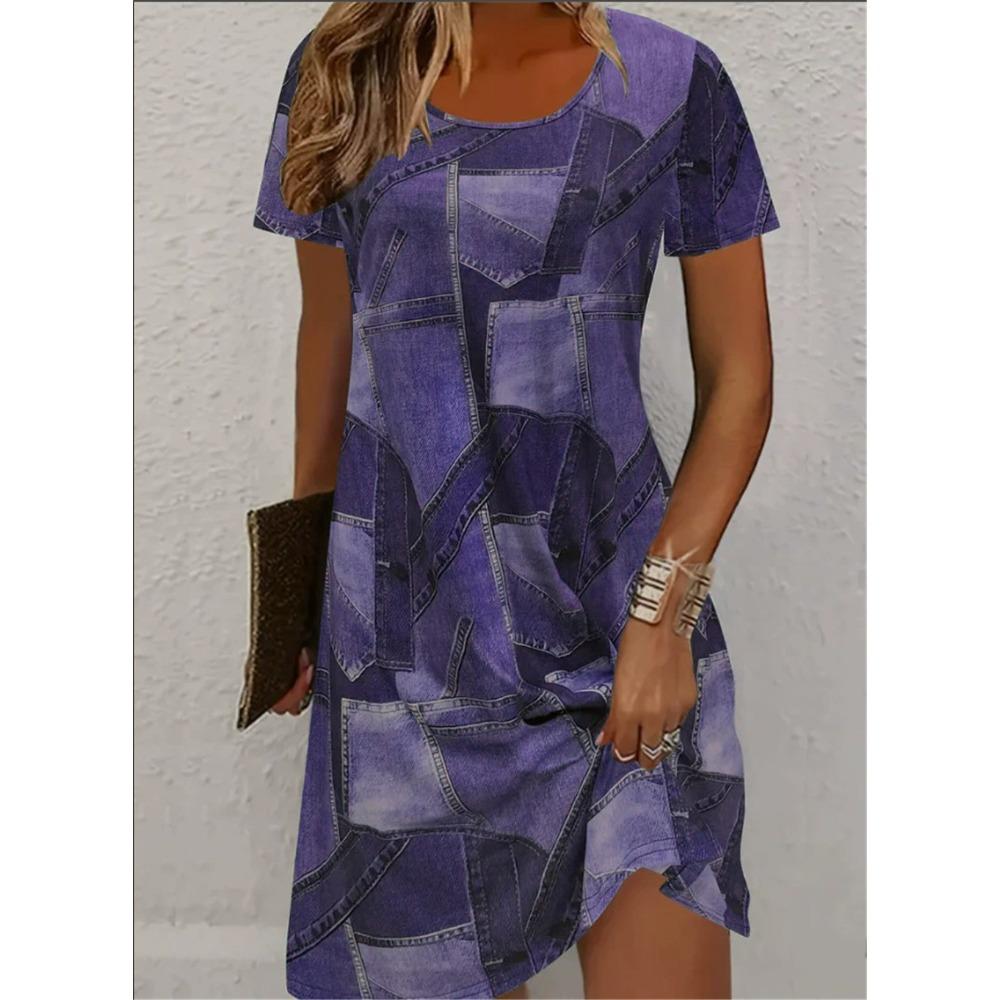 Patchwork Cowboy Pattern Women Mini Dresses Summer Short Sleeve 3D Printed Streetwear Ladies Dress Casual Dress