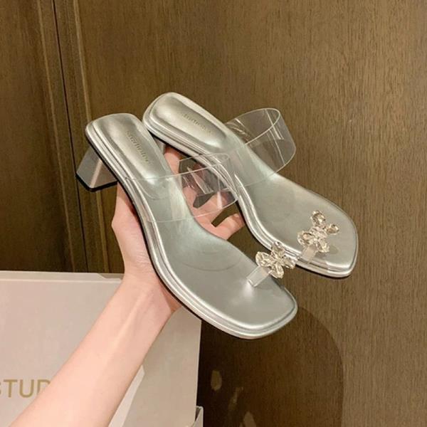 Fashion Slippers Casual Butterfly-Knot Glitter Slides Shoes Square Heel Transparent Heel Luxury Jelly Block Summer Crystal Scandals Butt