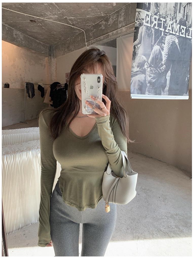 Grünes Damen Langarm Unregelmäßiges Crop Top - Herbstausgabe